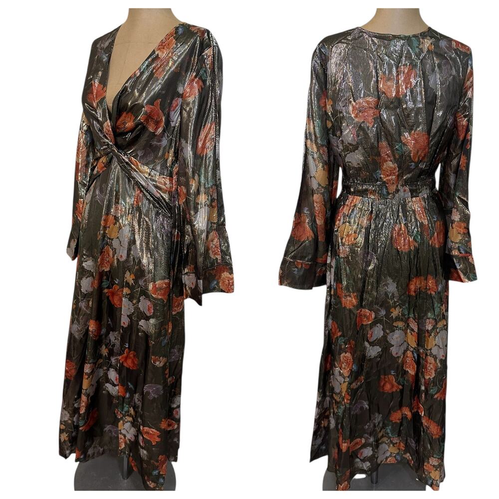 Anthropologie Caballaro Midi Dress Brown Metallic Floral New - Picture 5 of 7